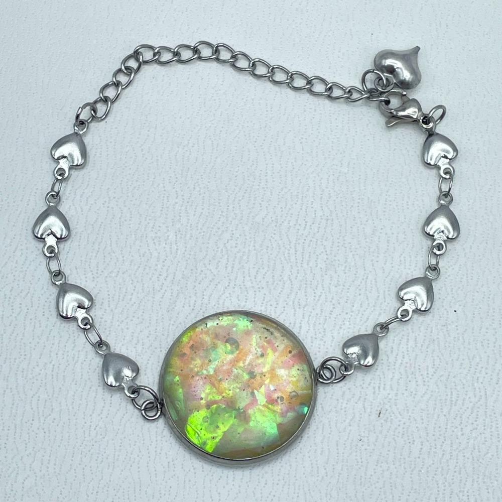 Vintage 90s Y2K Silver Tone Heart Bracelet Opal Cabochon Charm Chain Bracelet